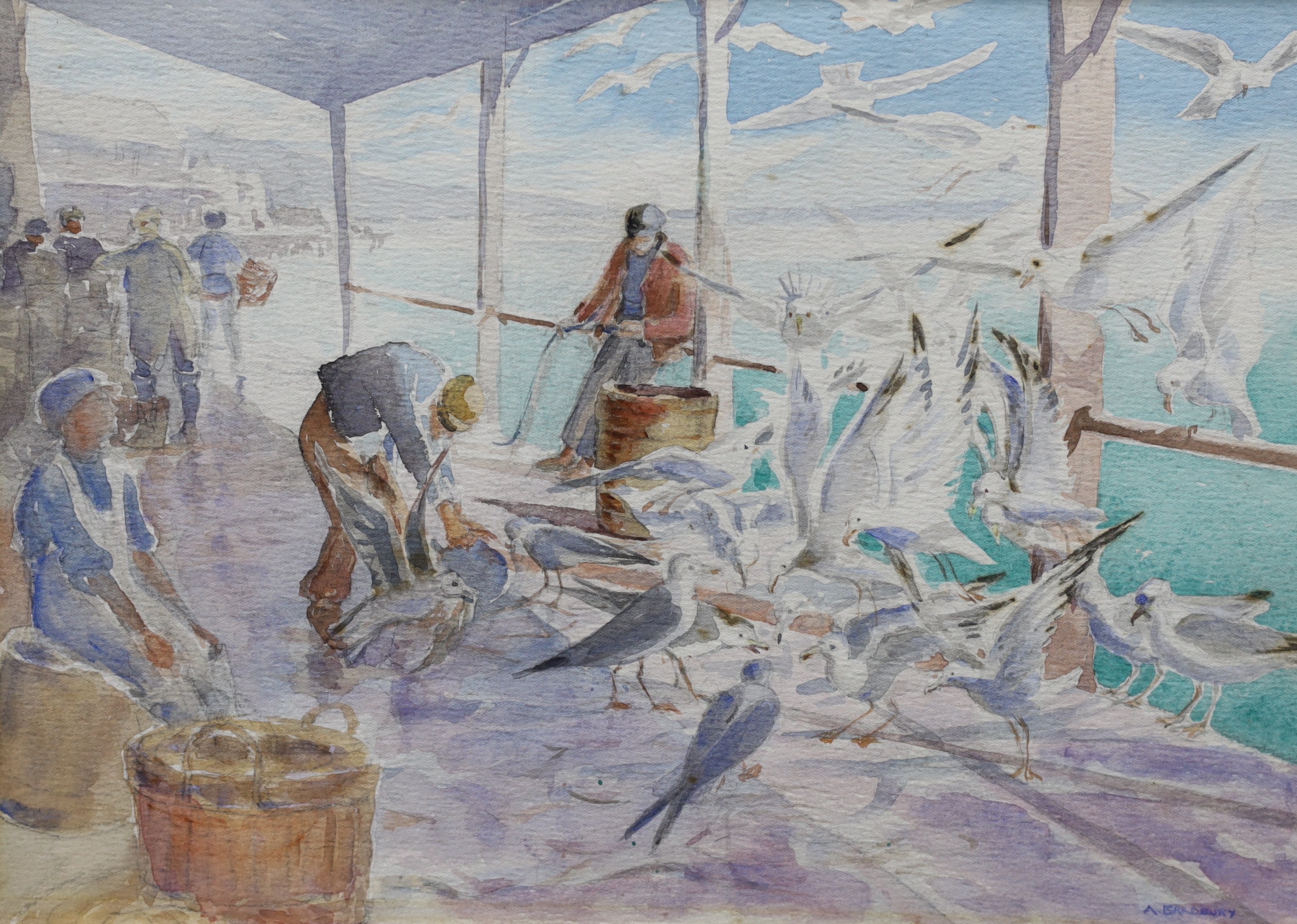 Arthur Royce Bradbury, ARWA (1892-1977) , watercolour, Fishermen and seagulls on the wharf, signed, 25 x 35cm